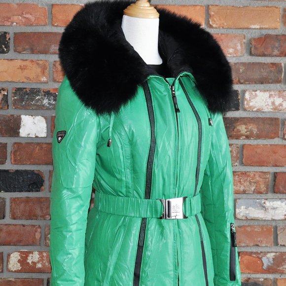 Shenowa Kelly Green Wet Look Down Puffer Belted Coat Jacket Fox Fur Hood Trim M - Picture 2 of 10